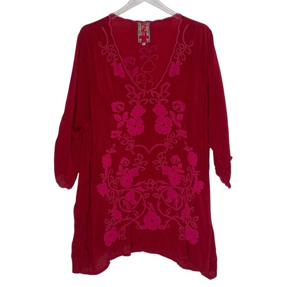 Johnny Was 1X Sheradonian Floral Embroidered V Neck Tunic Top Plus Boho Red - Picture 1 of 10